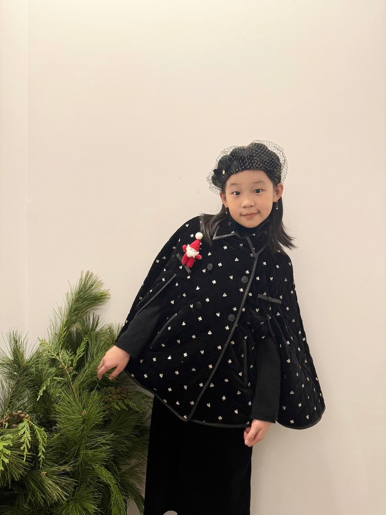 Velvet Cape with Heart Embroidery- Kid's