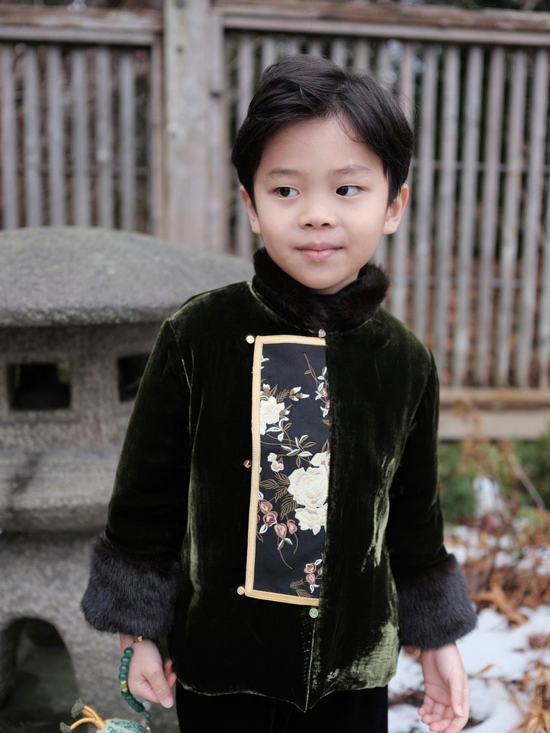 Velvet Embroidered Tang Jacket- Kid's