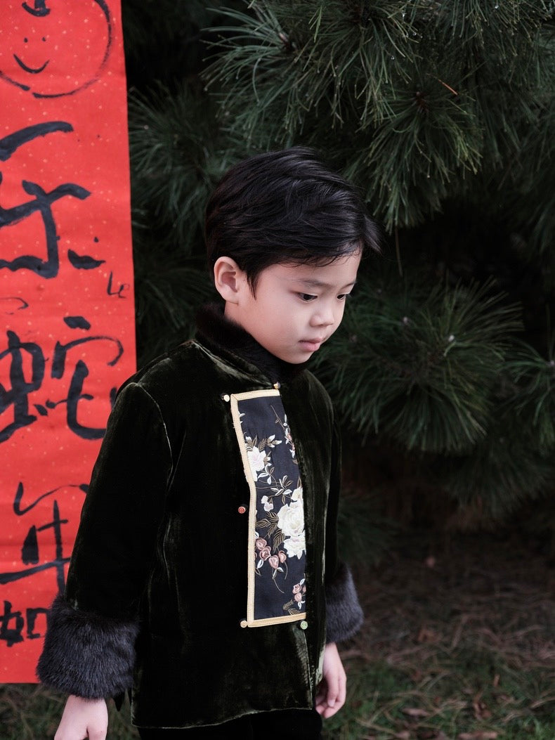 Velvet Embroidered Tang Jacket- Kid's