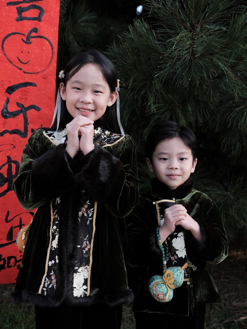 Velvet Embroidered Tang Jacket- Kid's