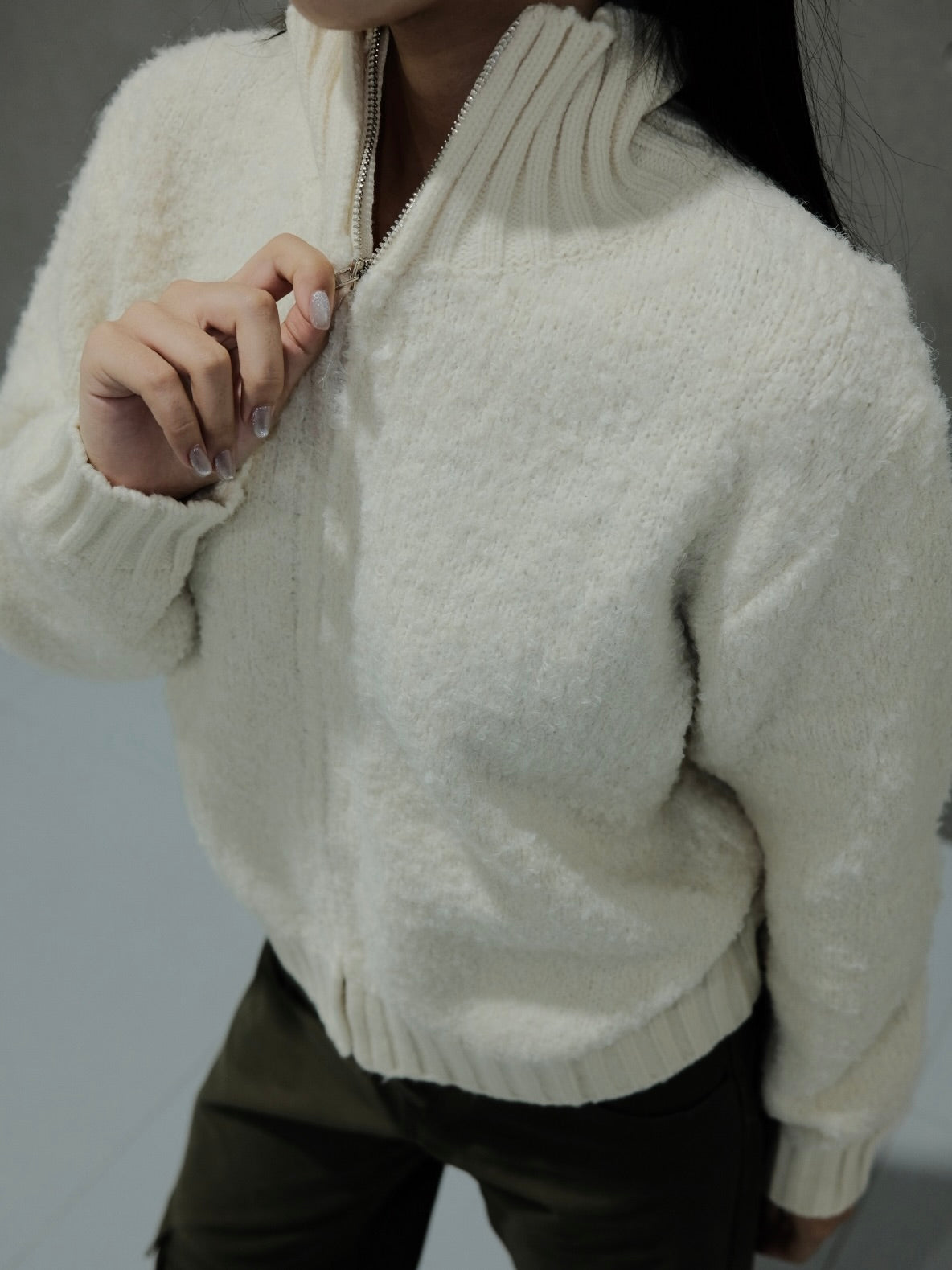 Popcorn Full Zip Wool Sweater